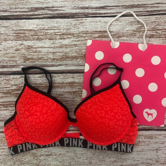 PINK Victoria’s Secret Bra Size 32C Orange Leopard Lace Wear Everywhere Push-Up - Picture 2 of 6